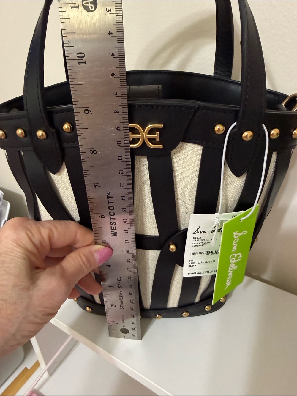 Sam Edelman Black and Cream Striped Leather-Trim Bucket Tote - Picture 8 of 12